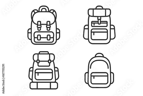 Schoolbag and Hiking Backpack Collection with Editable Stroke, Vector Cartoon Style, Ideal for Tracking, Travel, Outdoor Adventures, Infographics, Articles, Flyers, and Banners