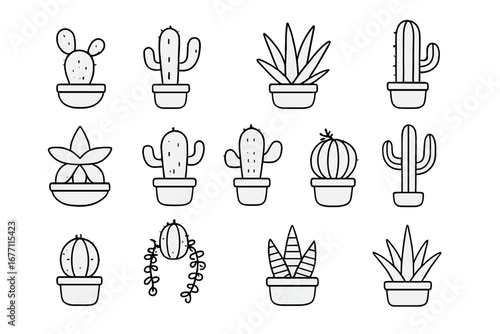 Cactus and succulent icon set bundle. Line art cartoon vector illustration. Desert plant, houseplant, pot collection. Editable stroke symbol for web, app, book, card, print.