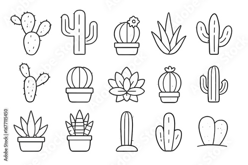 Cactus and succulent vector icon collection. Thin line art set of desert plants. Minimalist illustration of various cacti, agave, and aloe in pots. Editable outline symbol pack.