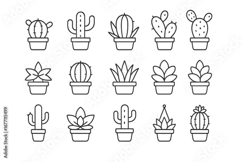 Cactus and succulent thin line icon set. Minimalist botanical collection of houseplant symbols. Vector graphic pack of potted cacti with editable strokes for web design.