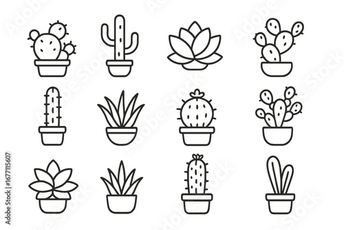 Cactus and succulent icon collection. Simple line art set of house plants in pots. Minimalist botanical vector illustration with editable stroke. Desert flora and garden symbols.