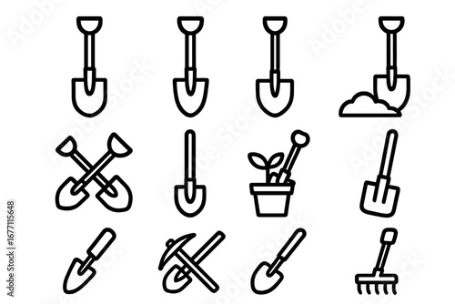 Collection of Thin Line Shovel Icons, Garden Tools Vector Set with Editable Stroke, Gardening and Digging Symbols, Suitable for Web, Books, Cards, and Apps, Transparent Background