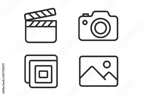 Movie and photography line icon set. Clapperboard, photo camera, picture gallery symbols. Cinema, filmmaking, video concept. Minimal linear pictogram for web, app design.