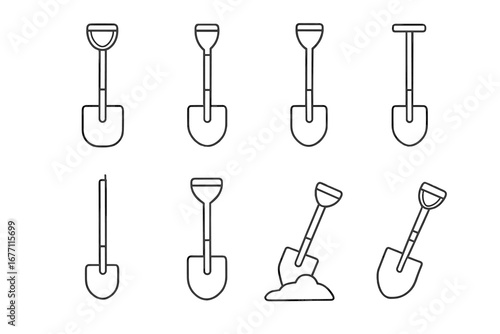 Shovel Icon Set with Editable Stroke for Web, Books, Cards, Apps, Vector Cartoon Illustrations with Transparent Background, Ordered Tools Collection for Digging and Gardening
