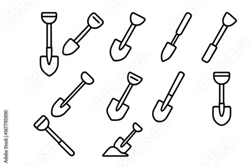 Shovel Simple Line Icons Collection, Editable Stroke, Isolated Vector Cartoons for Web, Books, Cards, Apps, Gardening Tools, Construction, Digging Symbol Set