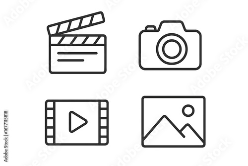 Minimalistic linear icons set of clapperboard, photo camera, movie play, and picture frame. Editable stroke vector pictograms for app design, banners, cards, and digital content creation