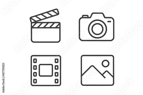 Minimalistic linear icons of clapperboard, photo camera, movie film, and picture frame. Editable stroke vector design for cards, apps, banners, posts, and multimedia projects.