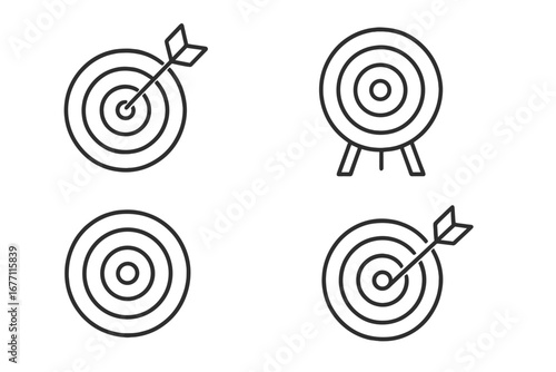 Target icon collection set of thin line editable stroke vector symbols, bullseye darts, archery target with arrows, ideal for websites, books, cards, apps, and UI design