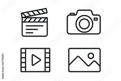 Movie and photo line icon set. Clapperboard, camera, film strip, and picture symbols. Cinema, video production, and photography concept. Thin linear vector illustration for web.