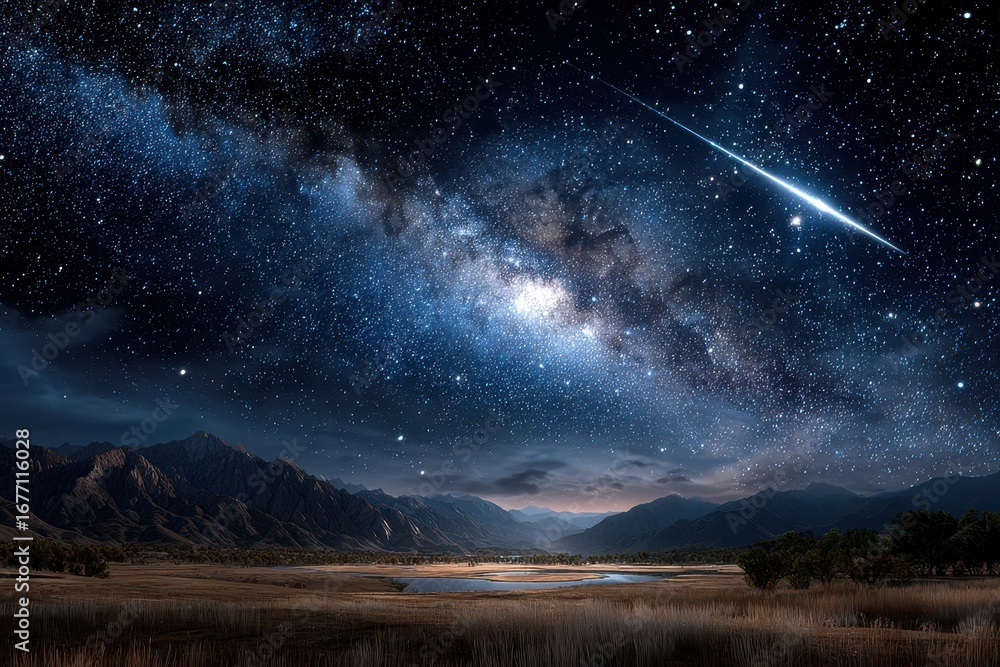 Fototapeta premium Starry night sky above mountains with a visible meteor over a tranquil lake
