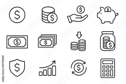 Money, finance, savings, investment thin line icon set. Business, banking pictogram collection. Dollar coin, banknote, piggy bank, budget, payment, profit growth symbols.