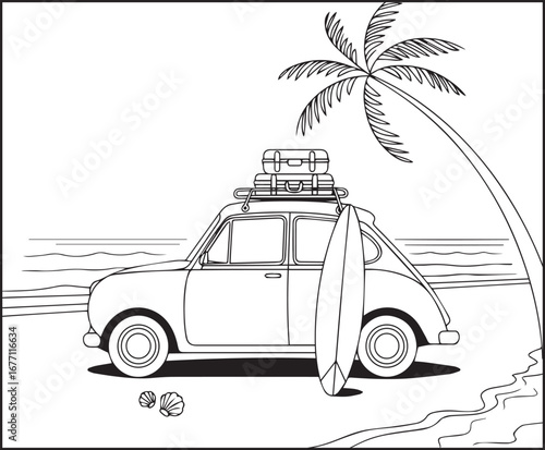 Summer vacation beautiful car in beach scenery vector outline coloring page for kids and adults 