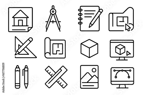 Drafting & drawing line icon set for architecture, engineering, and design. Vector symbols for blueprint, plan, CAD, and sketching. Editable stroke icons for web and apps.