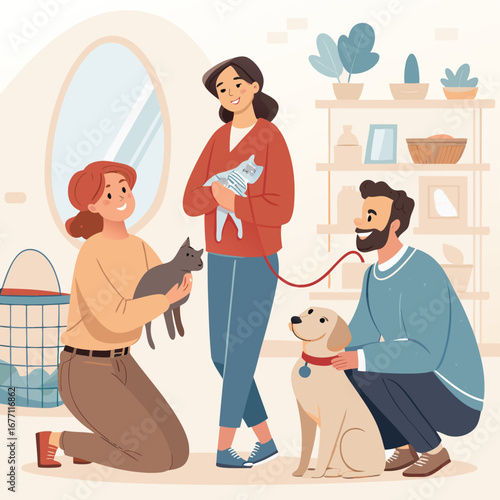 Vector art of a heartwarming scene of people adopting pets, showcasing the love, care, and companionship that animals bring to a family home