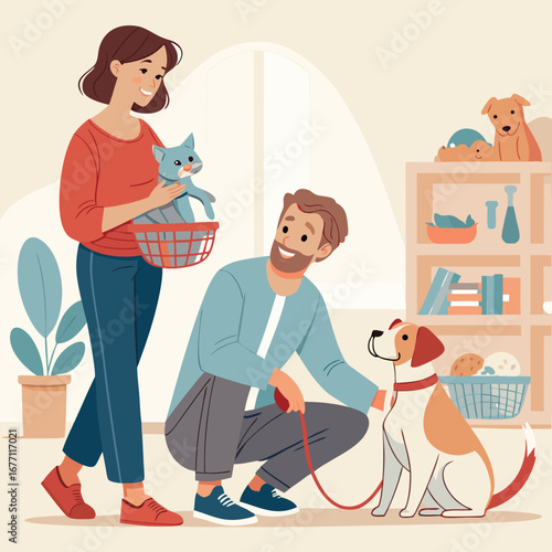 Vector art of a happy couple is spending time with their pets at home, the woman is holding a cat in a basket, vector illustration