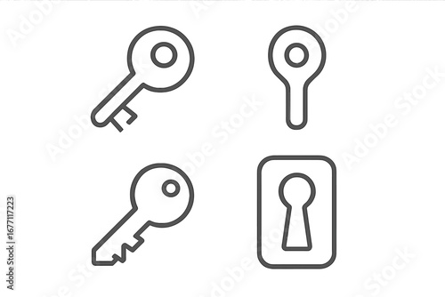 Key and Keyhole Icon Set, Thin Line Vector Bundle for Door Security and Access, Editable Stroke, Modern Flat Design, Perfect for Websites, Apps, Print, Books, and Cards