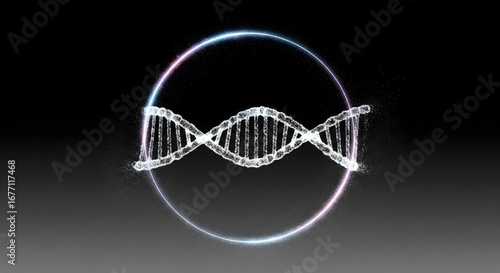 Digital representation of a DNA double helix surrounded by a glowing particle ring, symbolizing genetics, science, and technology.