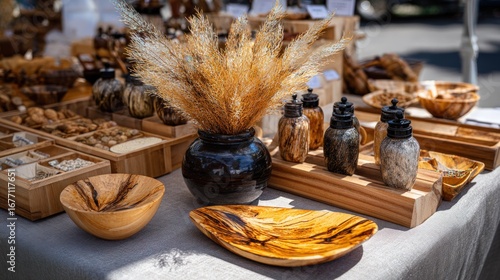 Handcrafted wooden bowls, vases, and decorative bottles displayed at a market stall.