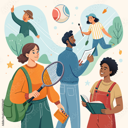 Vector art of a diverse group of students are engaged in various activities and dreaming of different hobbies and interests, showcasing their imagination