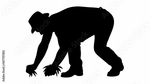 Silhouette of a man in a hat bending over and picking up leaves from the ground in a black shape