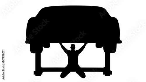 Silhouette of a man lifting a car on a stand showing strength and automotive repair in a black and white image