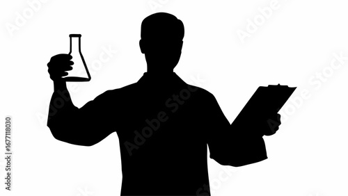 Silhouette of a scientist holding a flask in one hand and a clipboard in the other on white background