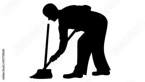 Silhouette of a person sweeping the floor with a broom in a bent over position against white backdrop