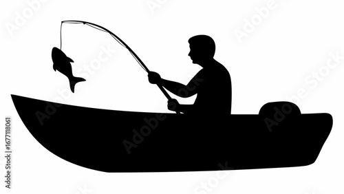 Silhouette of a man fishing from a boat with a caught fish hanging from the fishing line in black