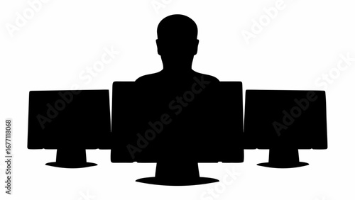 Silhouette of a person sitting at a desk with three computer monitors in a dark and mysterious setting