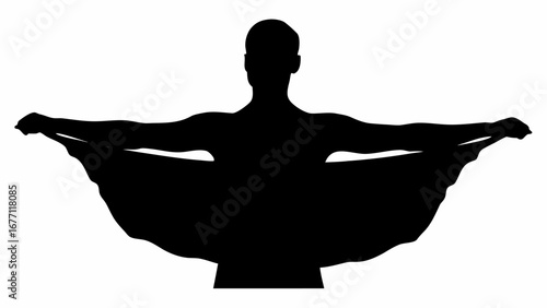 Silhouette of a person with arms outstretched holding a fabric creating a wing like appearance shape