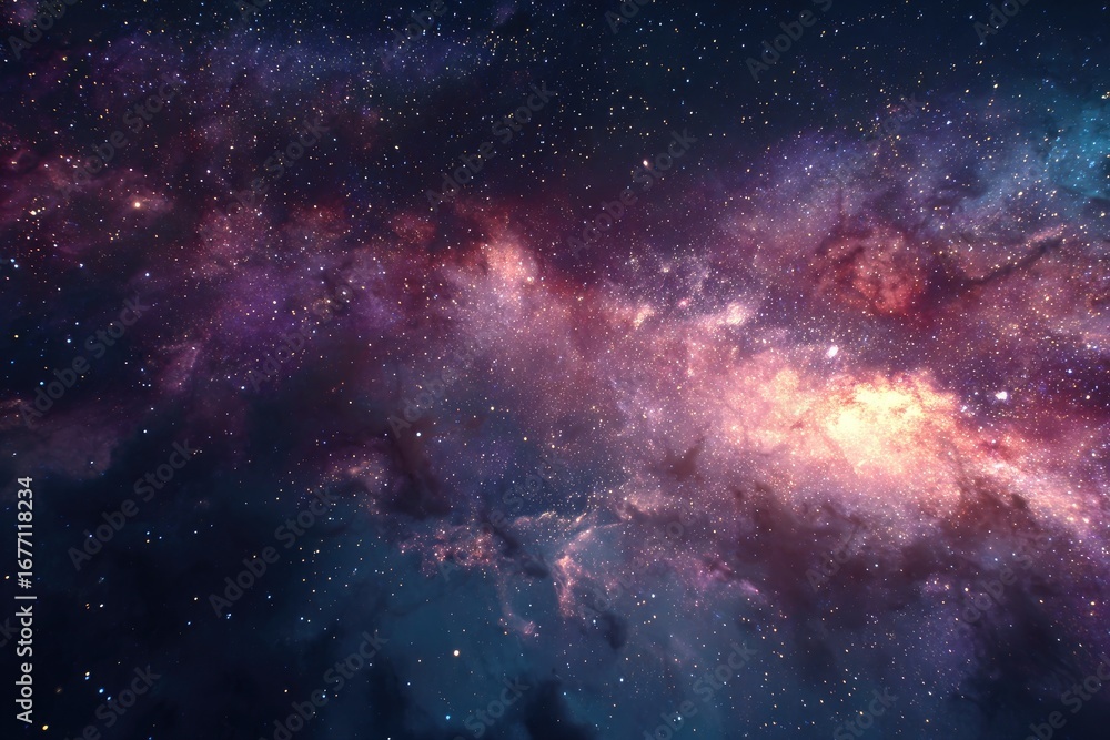 Fototapeta premium Deep space nebula, vibrant colors, cosmic dust clouds, scattered stars