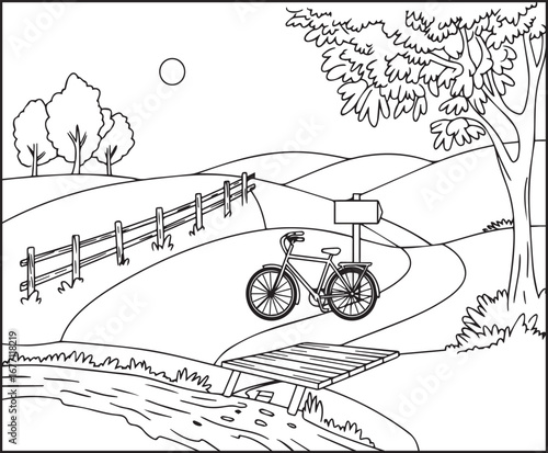 Hello summer with beautiful nature scenery vector outline coloring page for kids and adults 
