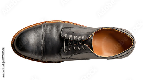 Illustration of top view of a black leather brogue shoe isolated on transparent background, showcasing its elegant design, laces, and classic appeal for formal and fashionable occasions