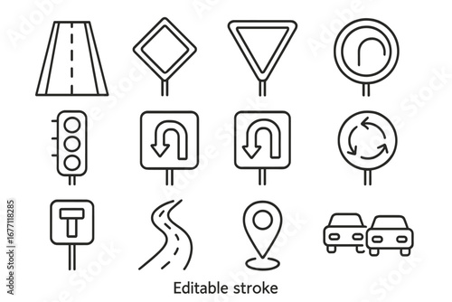 Road Icon Set for UI Design, Placards, Books, Apps, and Websites with Editable Stroke Line Art, Vector Cartoon Illustration Featuring Traffic Signs and Symbols, Transparent Background