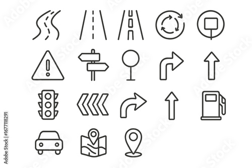 Road Outline Simple Linear Icons Collection, Editable Stroke Vector Set for Websites, Books, Cards, Apps, Navigation and Transport Design, Cartoon Style with Transparent Background