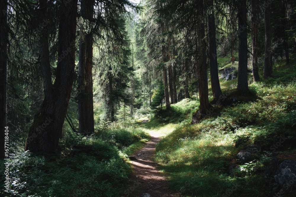 Obraz premium Sunlit path through a dense forest (1)