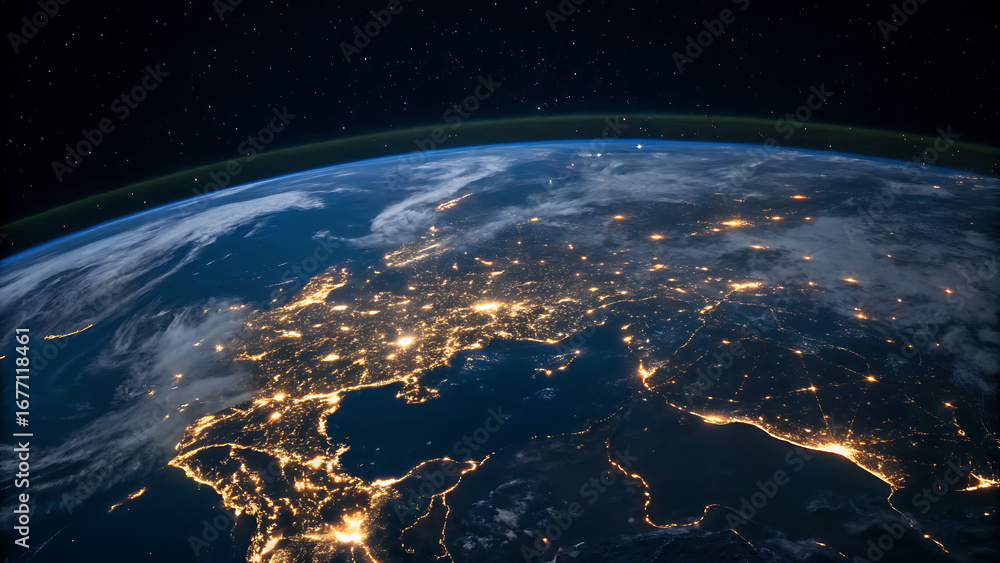 Obraz premium Illuminated earth at night showing europe s vibrant city lights from space