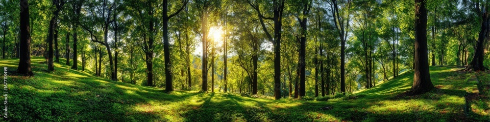 Naklejka premium Sunlight streams through a dense forest, illuminating the green undergrowth