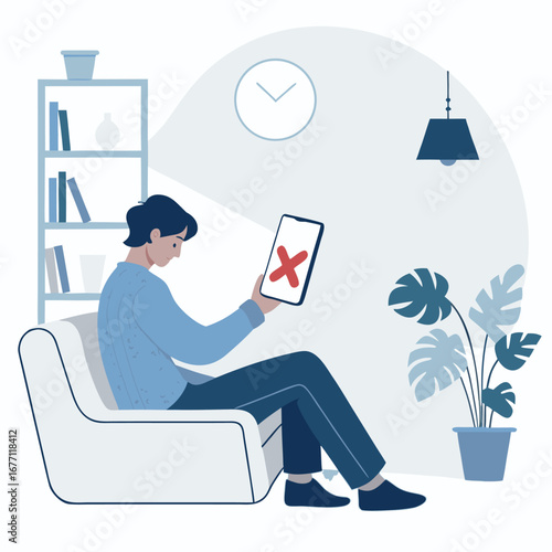 Vector art of a man is sitting on a chair, holding a smartphone with a red cross symbol on the screen, indicating an error or rejection at home