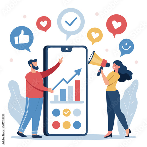 Vector art of a man and woman are promoting social media marketing with a smartphone and megaphone