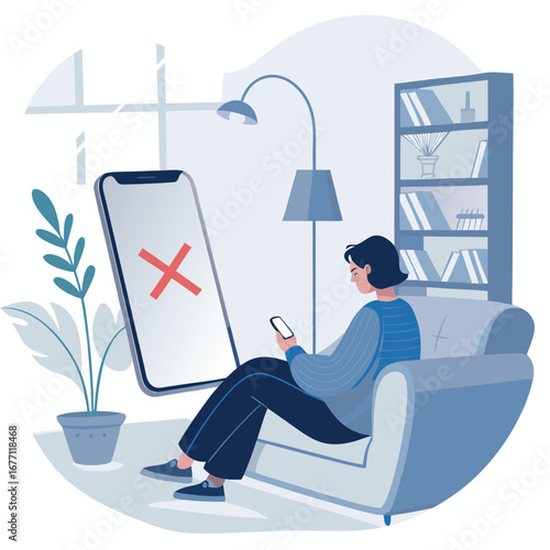 Vector art of a woman is sitting on the couch using a smartphone, but the phone has an error message
