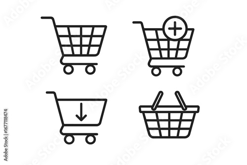 Shopping Cart Vector Icon Set with Editable Thin Stroke Lines for E-commerce, Websites, Apps, Cards, and Books, Transparent Background, Cartoon Style, Modern Basket and Trolley Designs