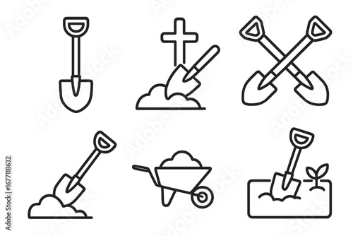 Set of shovel icons line art style for web, books, cards, and apps, editable stroke vector illustration including gardening, digging, wheelbarrow, burial, and planting symbols