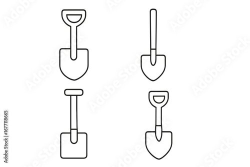 Shovel Thin Icon Collection, Editable Stroke Vector Set for Web, Books, Cards, Apps, Cartoon Style, Transparent Background, Garden Tools, Construction Icons, Digging Symbols