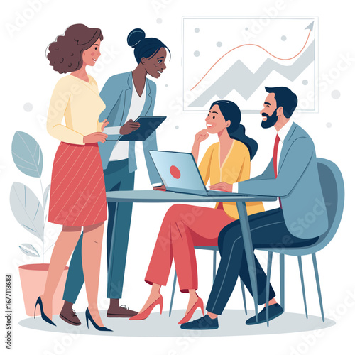 Vector art of diverse business team having a meeting in the office, discussing project strategy and planning, analyzing charts and graphs, working on laptops