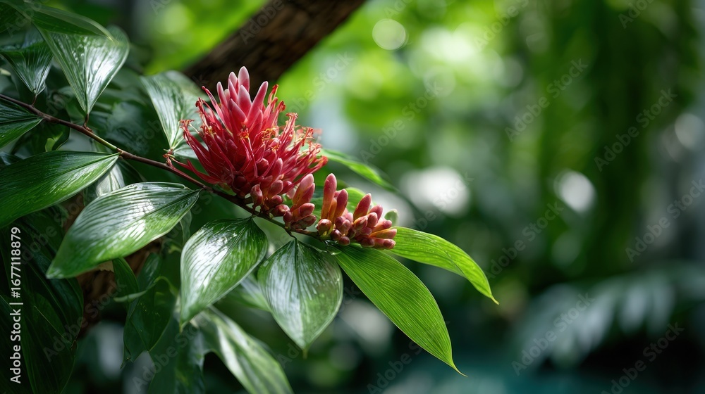 Fototapeta premium A vibrant crimson flower cluster blooms amidst lush green foliage, bathed in soft sunlight.