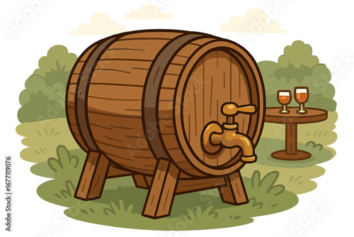 Rustic wooden barrel with tap for beverage dispensing outdoors, vintage keg for drinks serving, garden party illustration, cartoon vector set with transparent background
