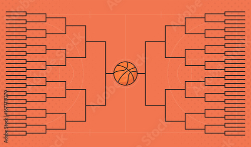 Basketball tournament bracket chart with court background, perfect for sports events, competition planning, and athletic promotional materials.