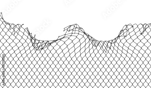 Broken chain link fence with torn wire mesh, suitable for security concepts, boundaries, and industrial or urban design projects.
