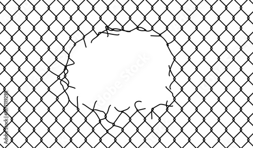 Chain link fence with a large hole in the center, suitable for security concepts, boundaries, and industrial or urban design projects.